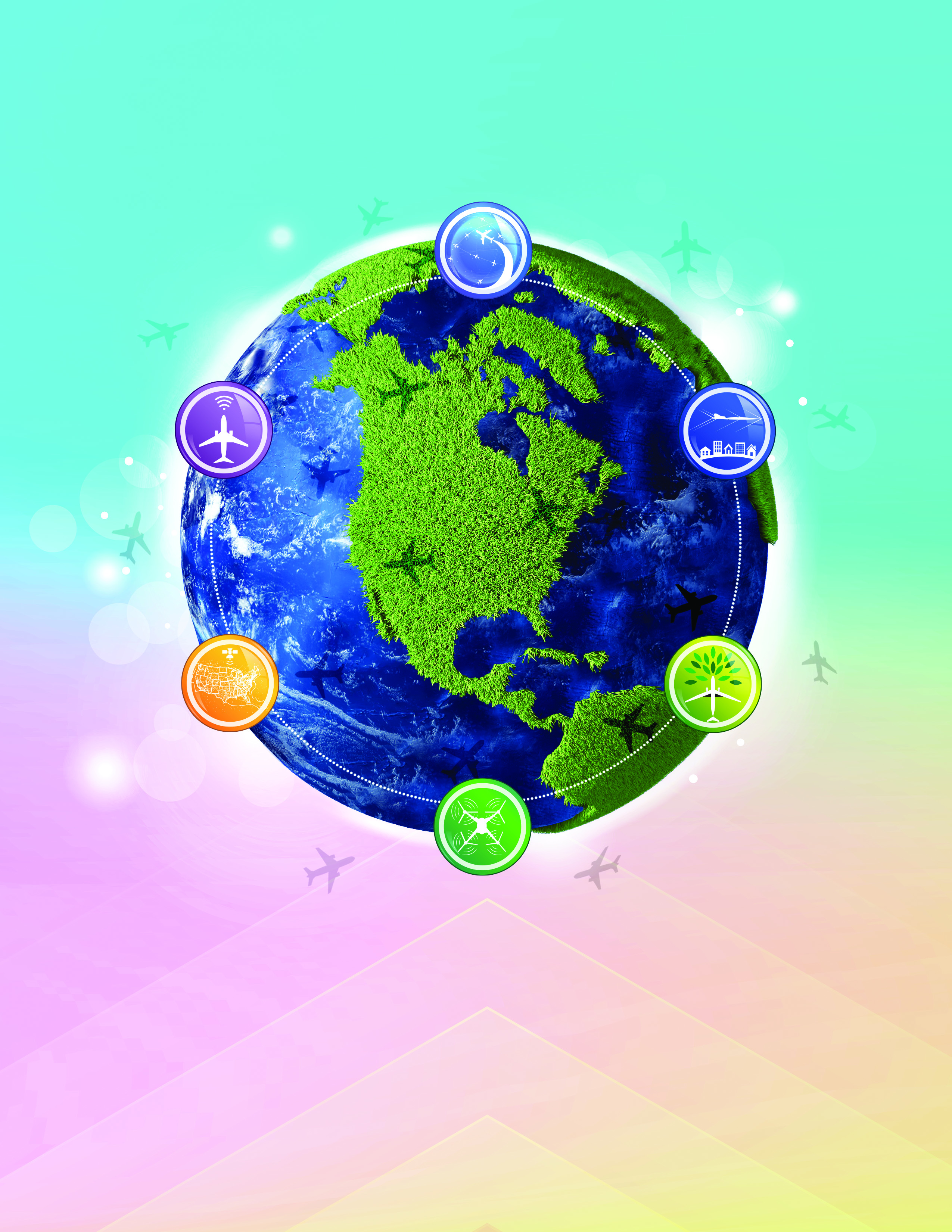 An earth illustration with grass covering all land mass with six strategic thrust icons.