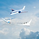 Illustration of three futuristic concept aircraft in flight.