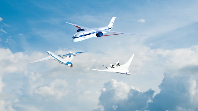 Illustration of three futuristic concept aircraft in flight.
