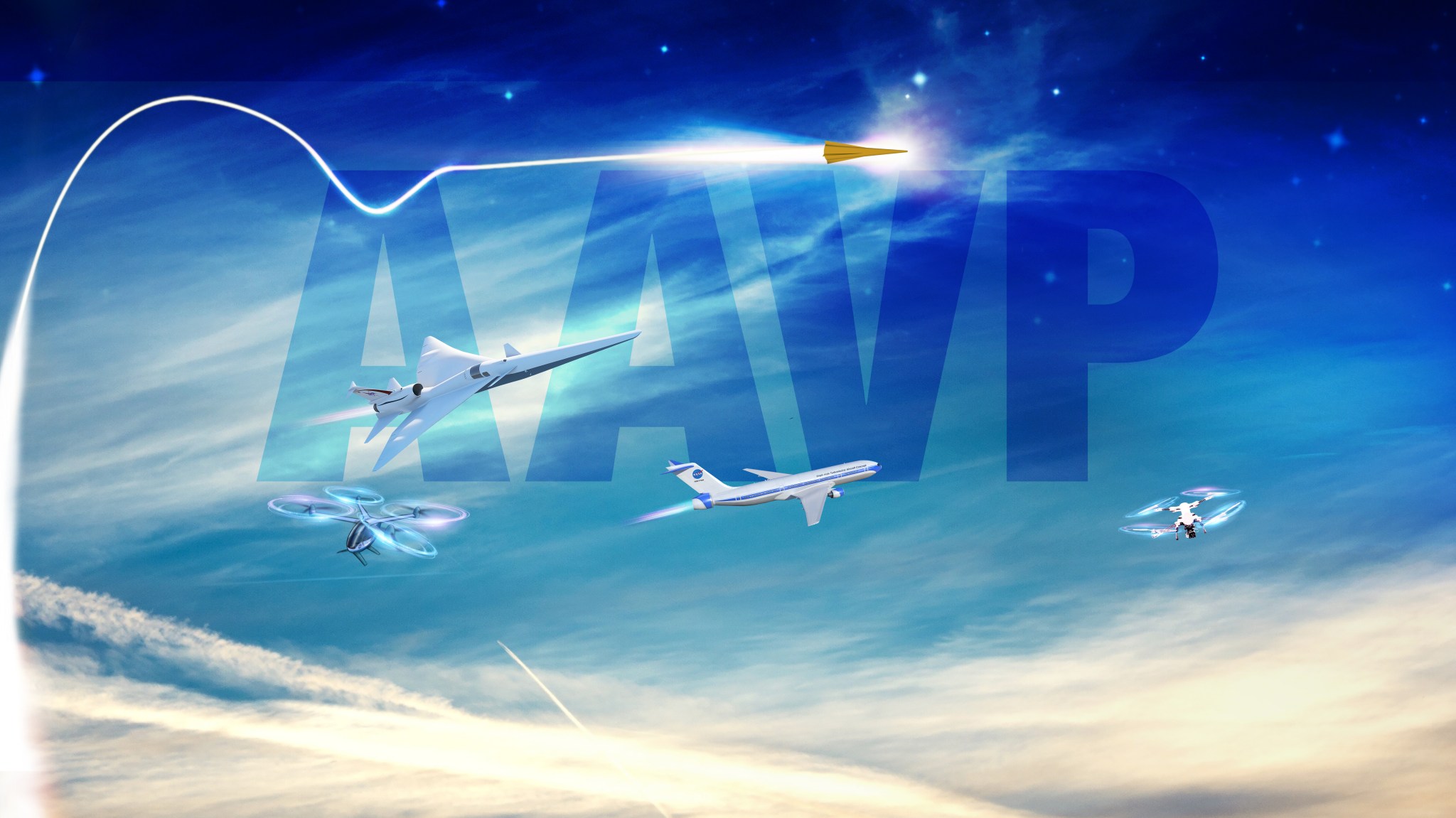 Artist illustration for the AAVP graphic, showing a sky with the letters AAVP screened back and a hypersonic vehicle, a supersonic vehicle, an electric vehicle as well as two drones in flight against the blue sky.