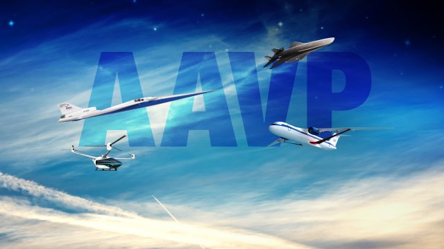Artist illustration, shows a sky with the text AAVP screened back and different aircraft in flight.