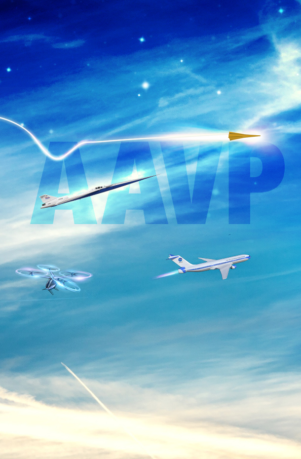 Artist illustration for the Advanced Air Vehicles Program (AAVP) graphic, showing a sky with the letters AAVP screened back and a hypersonic vehicle, a supersonic vehicle, an electric vehicle as well as two drones in flight against the blue sky.