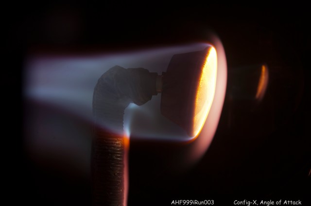 Testing thermal protection materials at angle of attack in the Ames Arc Jet Complex.