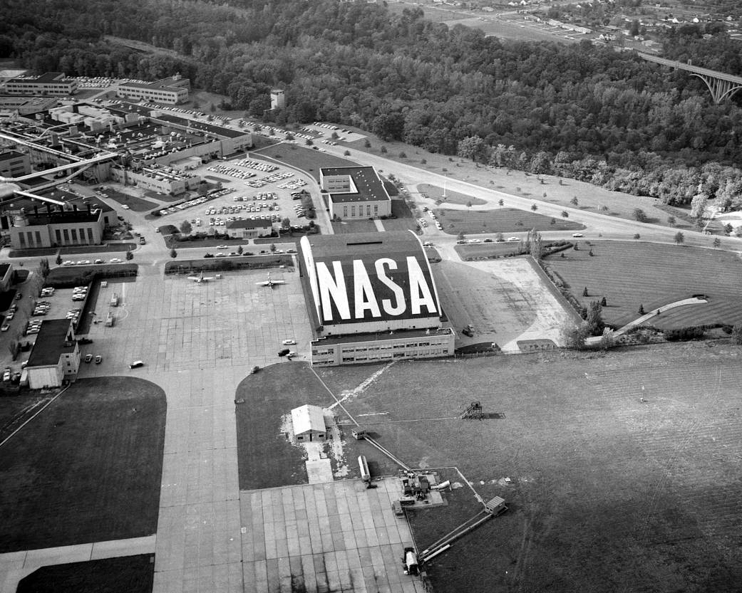 Aerial view of NASA Glenn from 1958 in black and white.