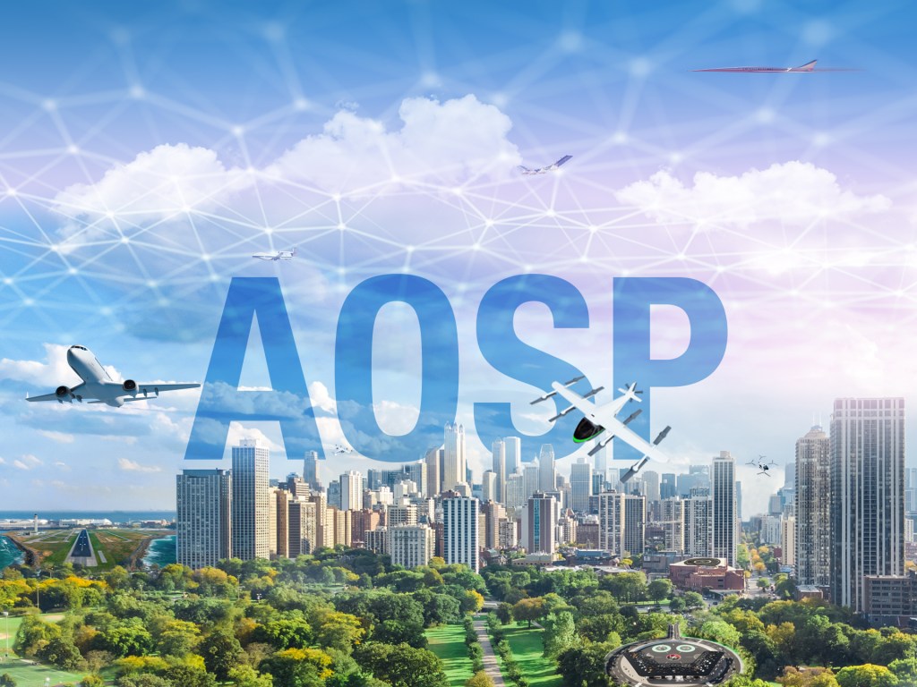 AOSP artist concept graphic of various aircraft over a city.