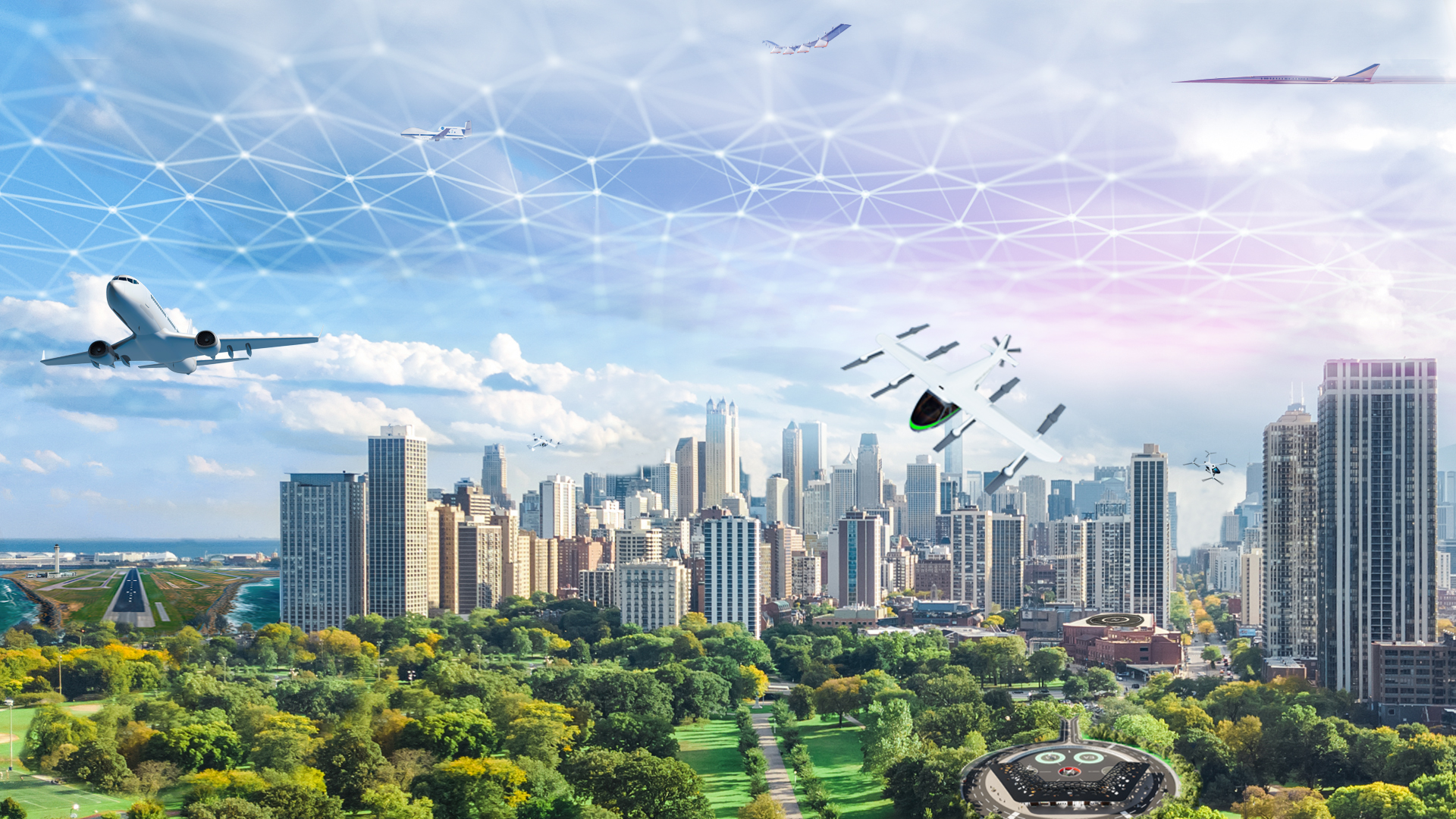 AOSP artist concept graphic of various aircraft over a city.