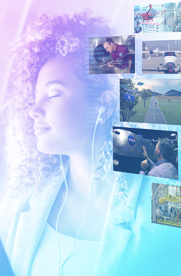 A female passenger on a flight with her eyes closed. On the right are images of aero research.