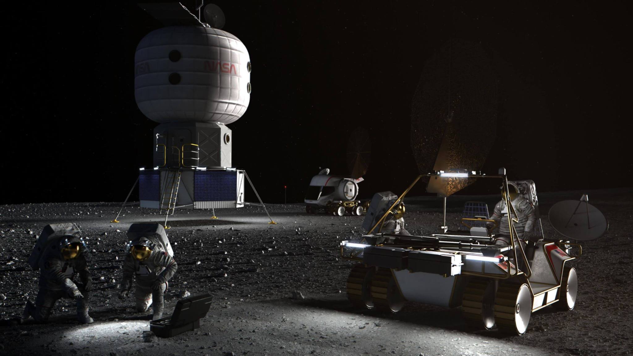 Illustration of four Astronauts on a Moon with two vehicles.