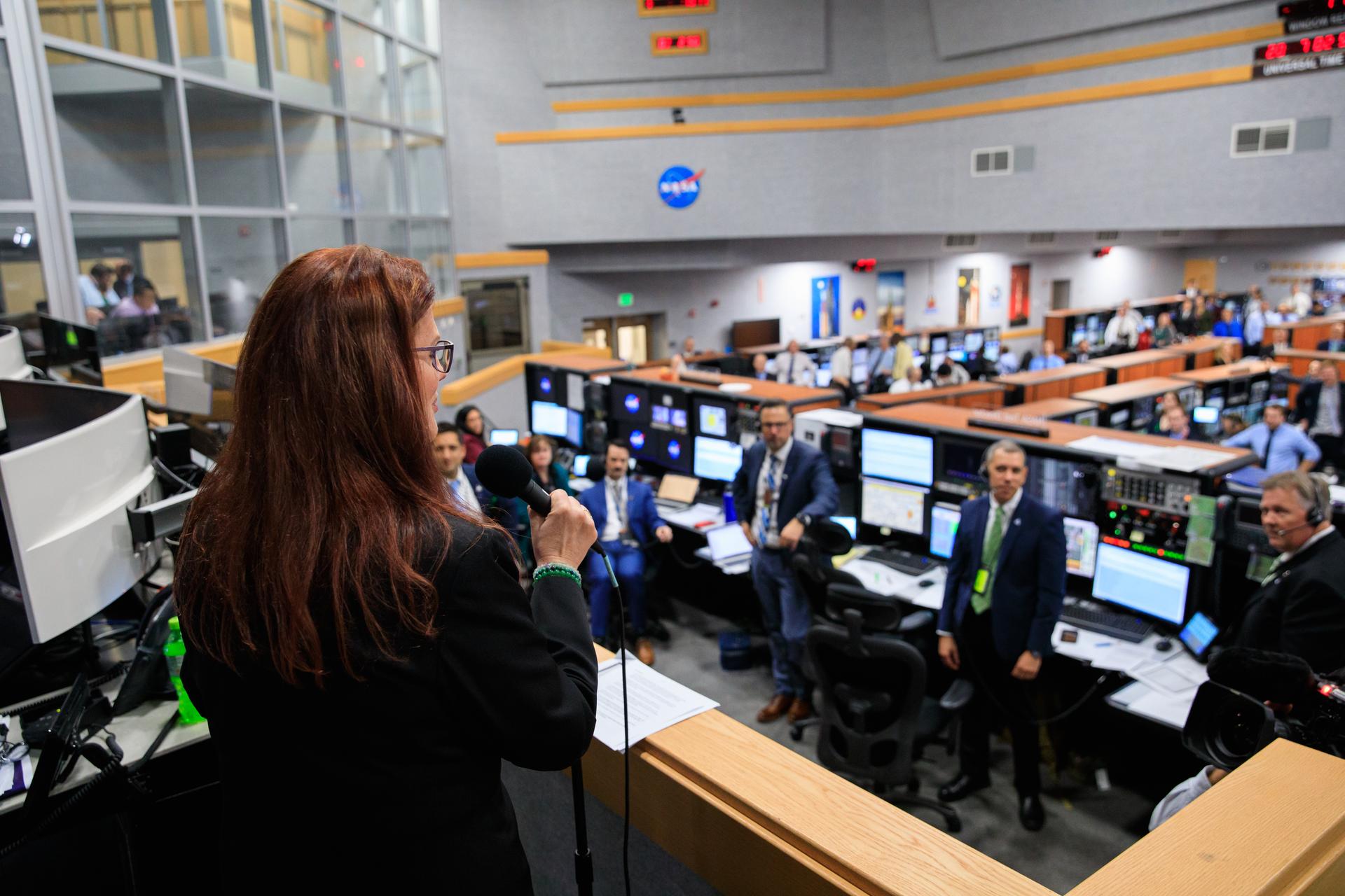 Artemis I Launch Director Charlie Blackwell-Thompson congratulates the launch team after NASA’s Space Launch System and Orion spacecraft lift off from Launch Complex 39B at Kennedy Space Center in Florida on Nov. 16, 2022. 
