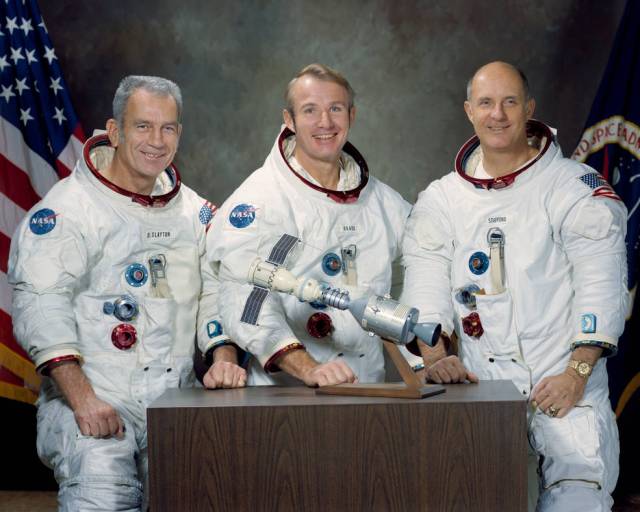 Slayton made his first space flight as Apollo docking module pilot of the Apollo-Soyuz Test Project (ASTP) mission, July 15-24, 1975.