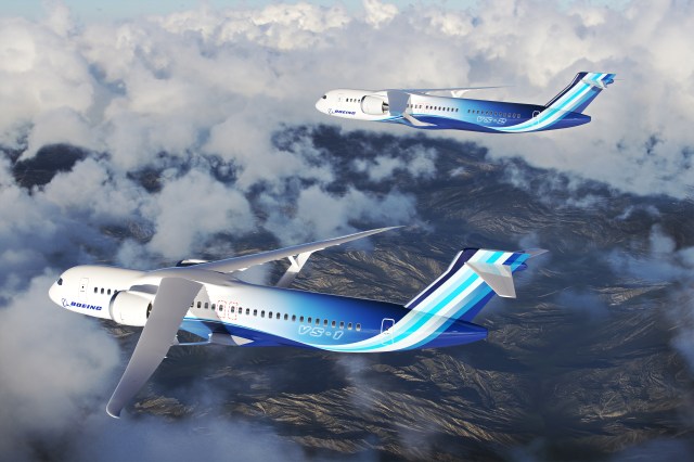 Artist concept of commercial aircraft families with a Transonic Truss-Braced Wing configuration from the Sustainable Flight Demonstrator project.