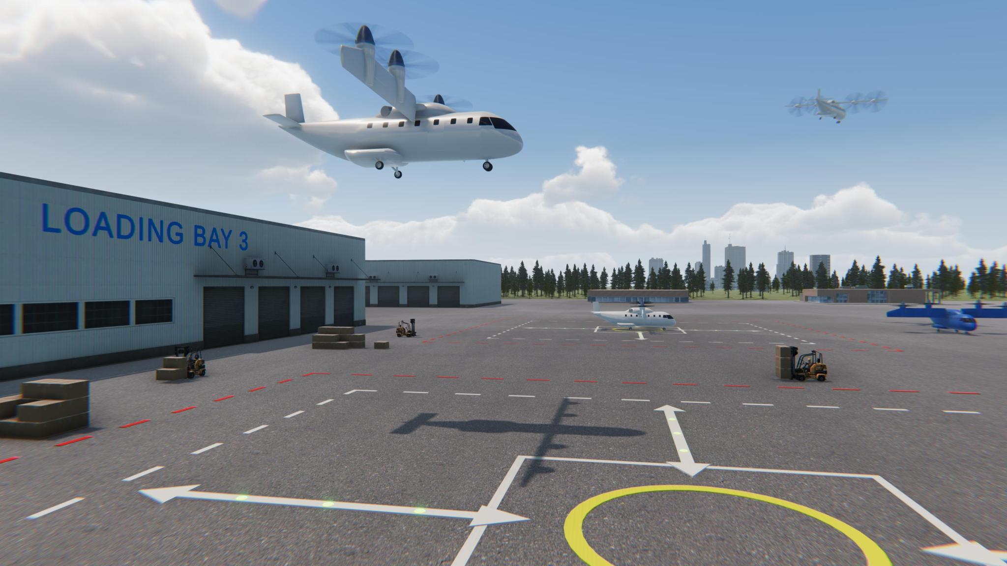 Ilustración artística que muestra un avión de reparto de carga no tripulado y drones de reparto de paquetes pequeños en uso.