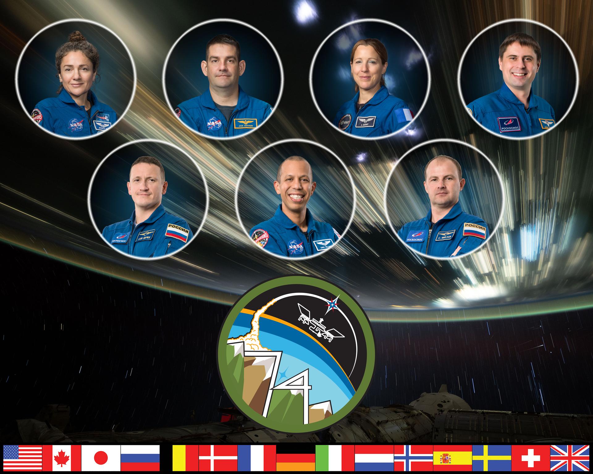 The official portrait of the Expedition 74 crew on the International Space Station. Top row from left, Flight Engineers Jessica Meir and Jack Hathaway, both NASA astronauts, and Flight Engineers Sophie Adenot of ESA (European Space Agency) and Andrey Fedyaev of Roscosmos. Bottom row, station Commander Sergey Kud-Sverchkov of Roscosmos and Flight Engineers Chris Williams of NASA and Sergei Mikaev of Roscosmos.