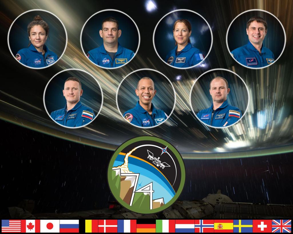 The official portrait of the Expedition 74 crew on the International Space Station. Top row from left, Flight Engineers Jessica Meir and Jack Hathaway, both NASA astronauts, and Flight Engineers Sophie Adenot of ESA (European Space Agency) and Andrey Fedyaev of Roscosmos. Bottom row, station Commander Sergey Kud-Sverchkov of Roscosmos and Flight Engineers Chris Williams of NASA and Sergei Mikaev of Roscosmos.