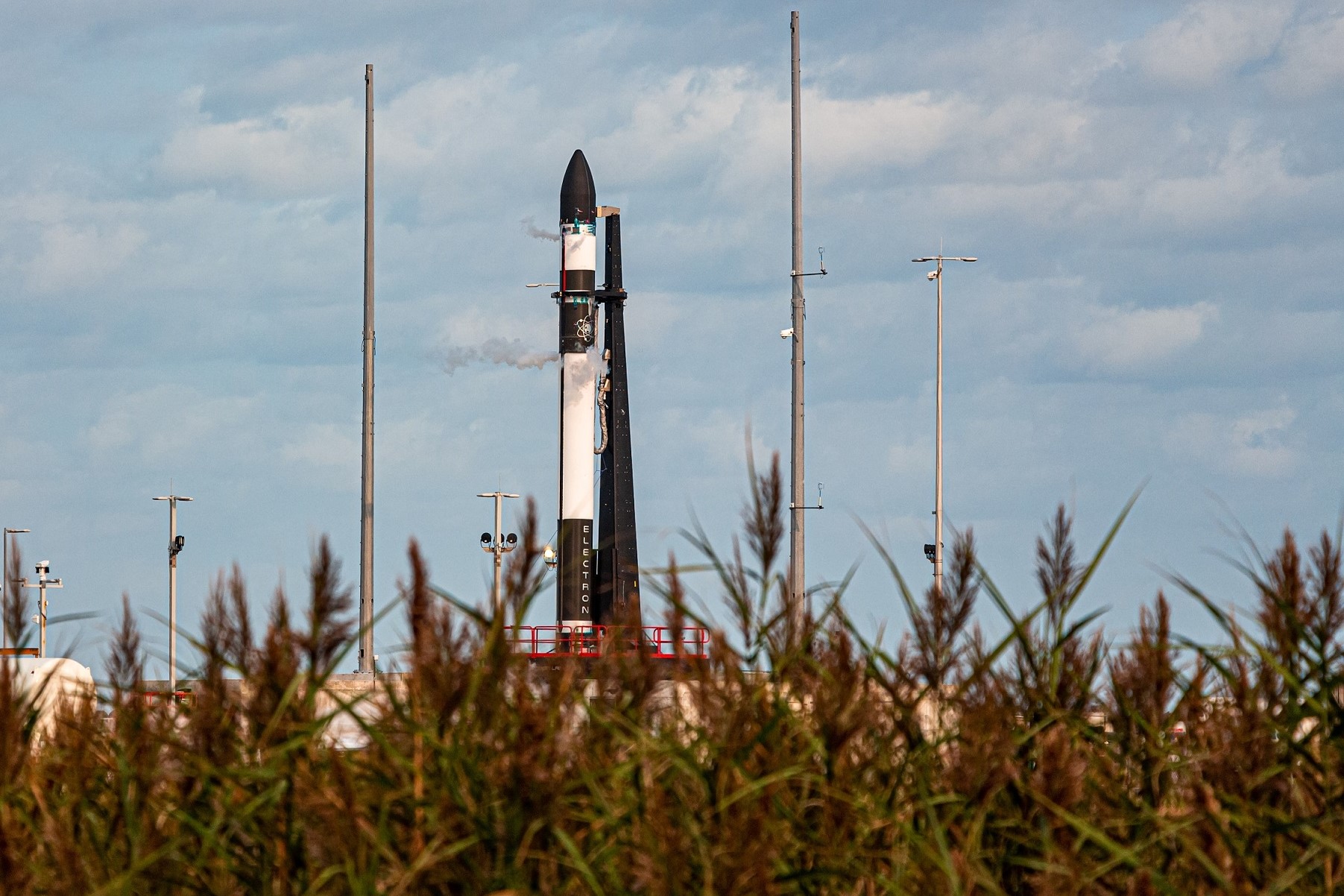 Rocket Lab's 59-foot Electron rocket at the company's Launch Complex-2 on NASA's Wallops Island.