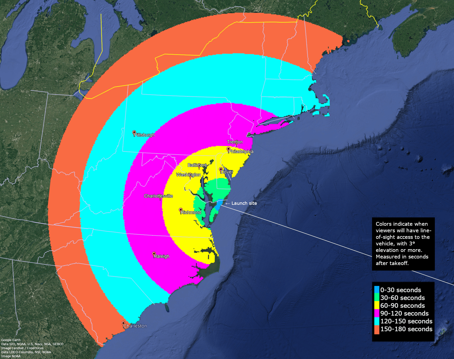 A series of circles show areas in the United States from where Rocket Lab's Electron launch may be viewed at different times during flight.