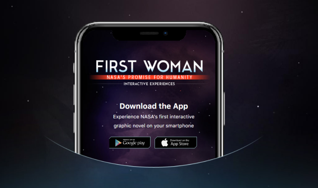A phone is set against a dark background and has the words First Woman on the screen denoting the First Woman graphic novel now available as an app