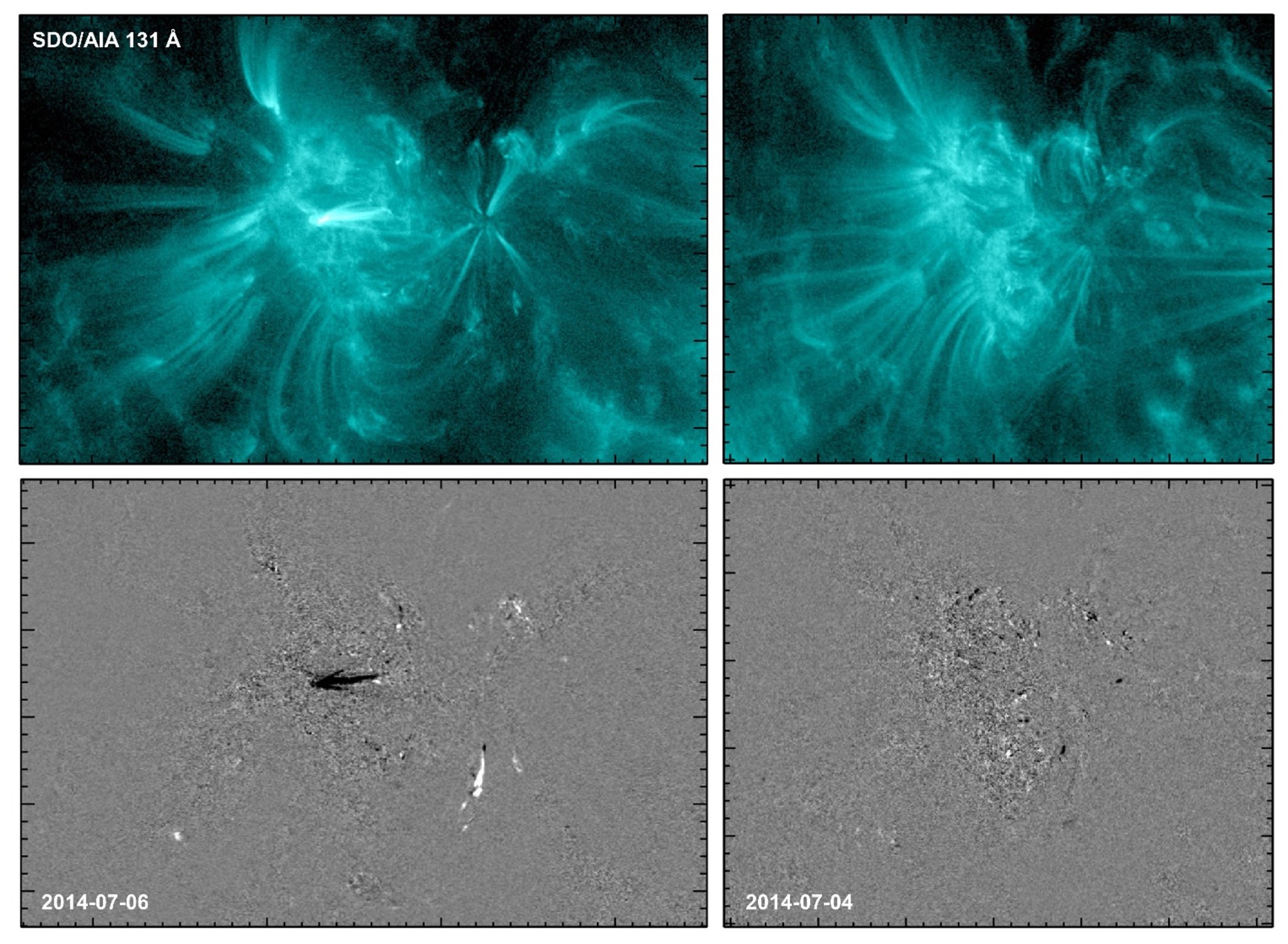 The top left image (day before the region flared) is brighter than the top right (day before the region didn't flare) image. The bottom left image (day before region flared) is more speckled than the bottom right image (day before the region didn't flare)