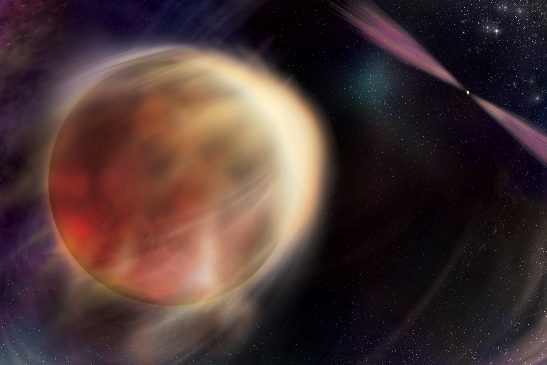 Streams of material blow off an orange-yellow in the foreground. In the distance, a pulsar rotates like a lighthouse, emitting beams of magenta light. The background is black, purple, and speckled with stars.