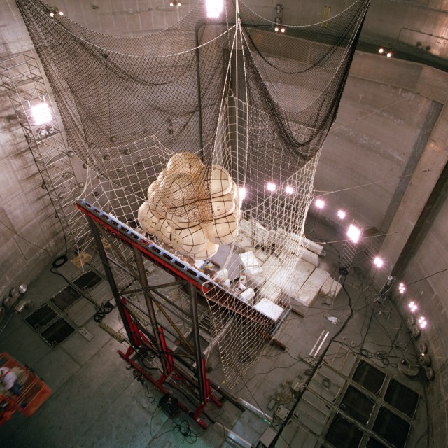 The Mars Pathfinder Project's test configuration in the Space Power Facility (SPF) at NASA's Plum Brook Station. The Mars Pathfinder airbags were tested inside the Space Environments Complex vacuum chamber in 1995.