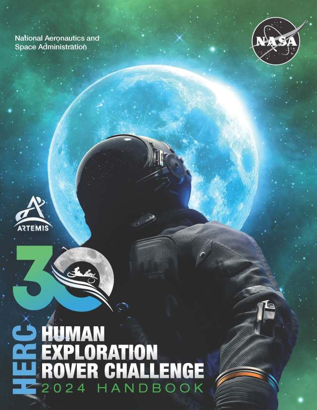 Cover of the 2024 HERC handbook depicting an astronaut in a black suit standing in front of the moon