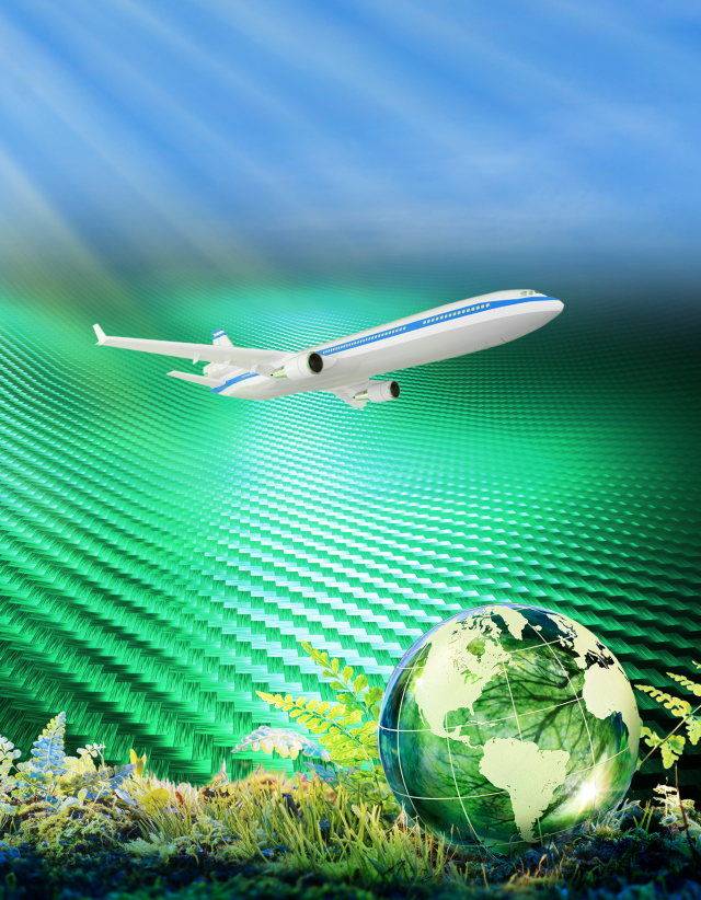 Artist illustration of a TTBW aircraft in flight over a green composite and globe with various plants on the ground.