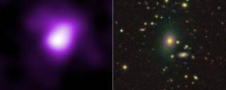 Two photos side by side with a large pink circle with a white spot in the middle on the left and a large star background on the right.
