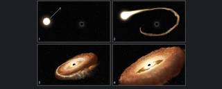 This sequence of artist's illustrations shows how a black hole can devour a bypassing star. 
