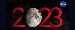 The numbers 2023 in red with the 0 as the moon.