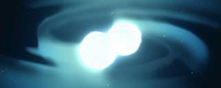 Two white circles swirl around each other with a blue green background.