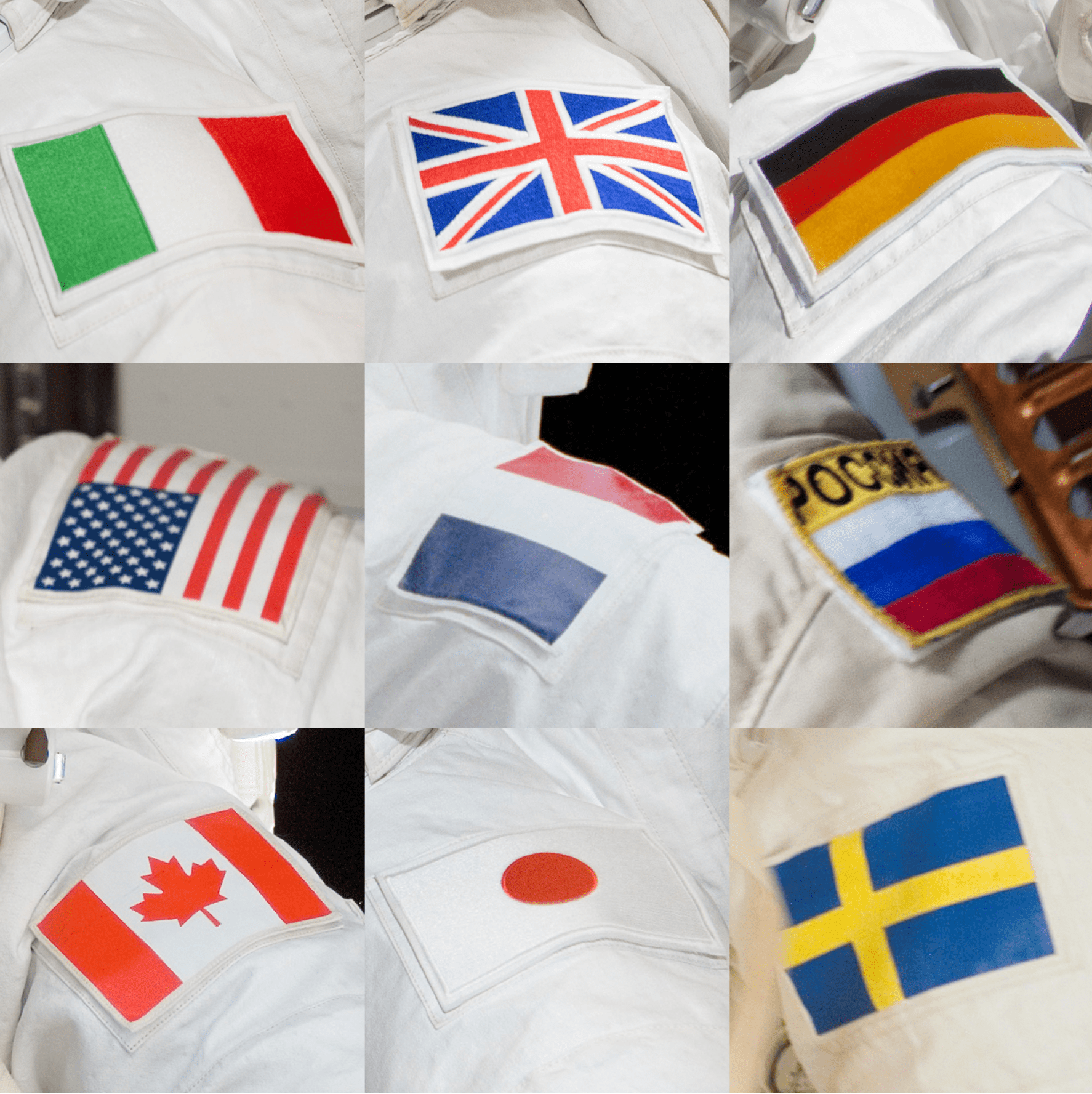 photo collage of international patches on space suites