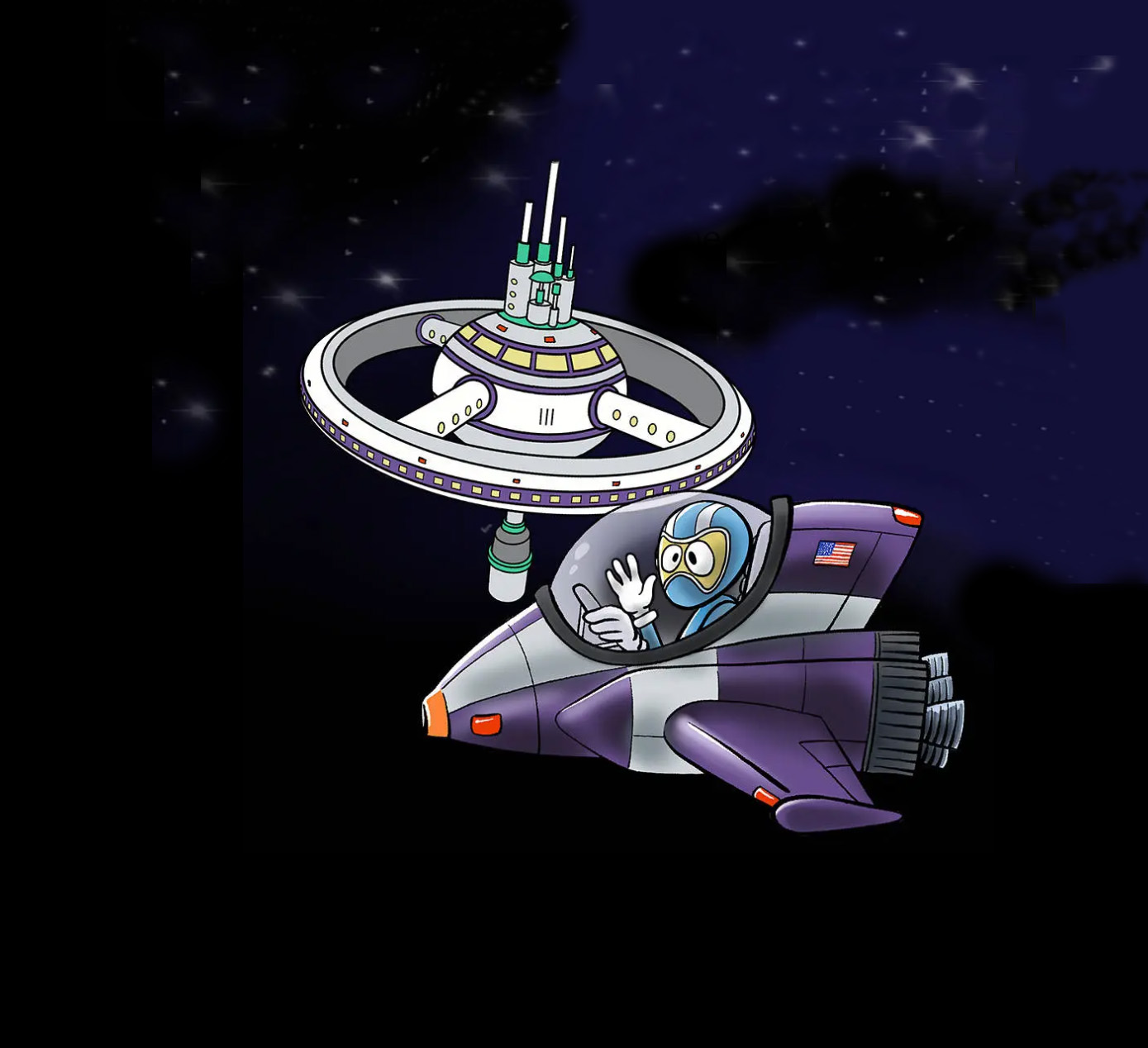 NASA Kids' Club Character in a space vehicle.  See NASA STEM for Kids and Students