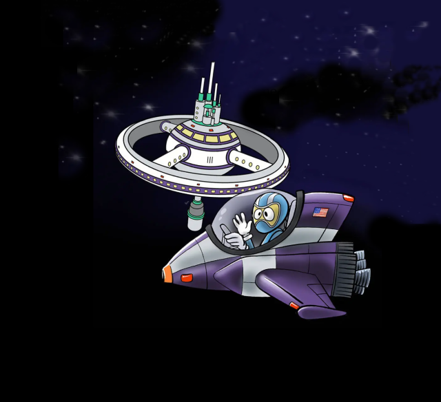 Cartoon image of spaceship orbiting a space station.