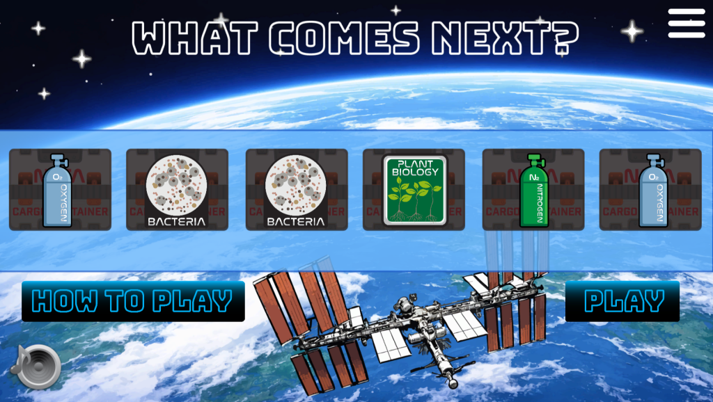 An image of the title screen for the NASA game "What Comes Nest?" It is an illustration of the Earth and ISS, with an overlay on top of items in a random pattern.