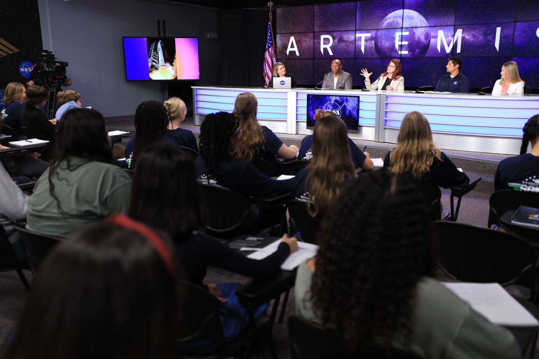 Kennedy leaders address students during an Artemis I student media briefing at NASA's Kennedy Space Center in Florida.