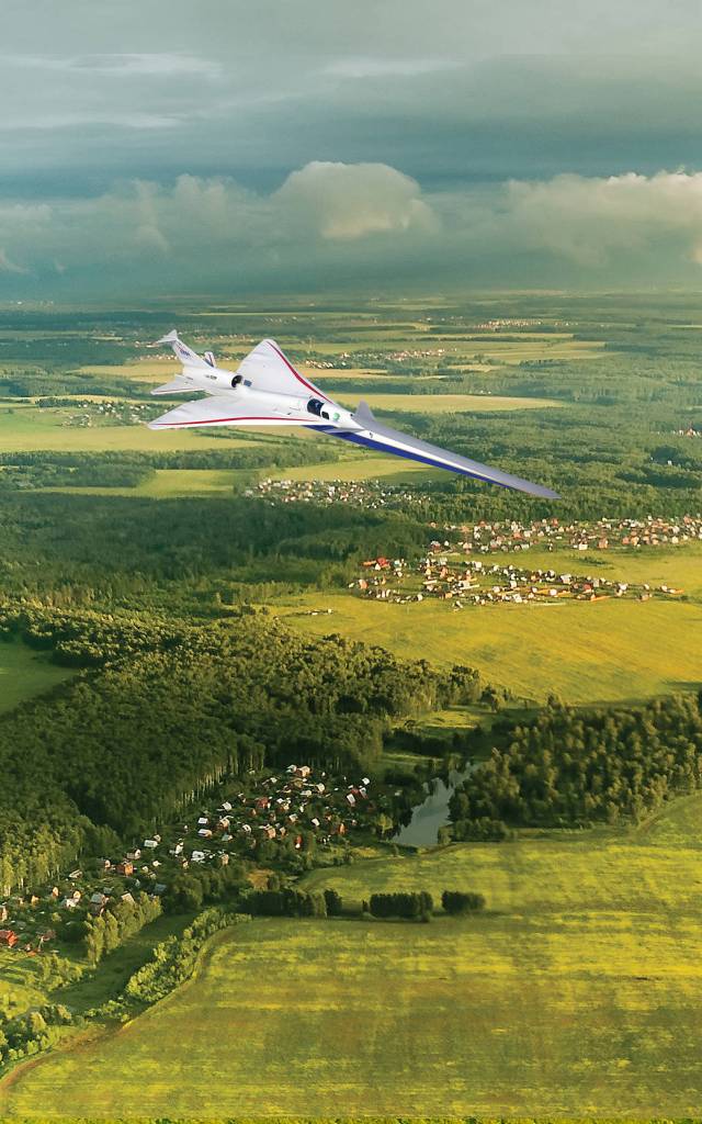 Illustration of a supersonic X-plane flying over land (suburb).