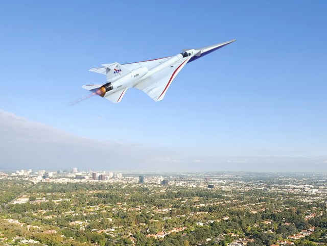 Artist illustration of the X-59 in flight over a surbuban neighborhood.
