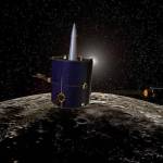 Artist concept of Lunar Prospector spacecraft above the moon