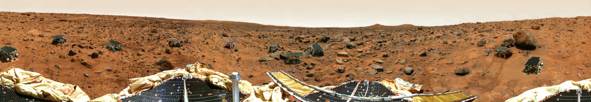 A composite of images taken by the Sojourner rover provides a panoramic view of the Martian landscape in 1997.