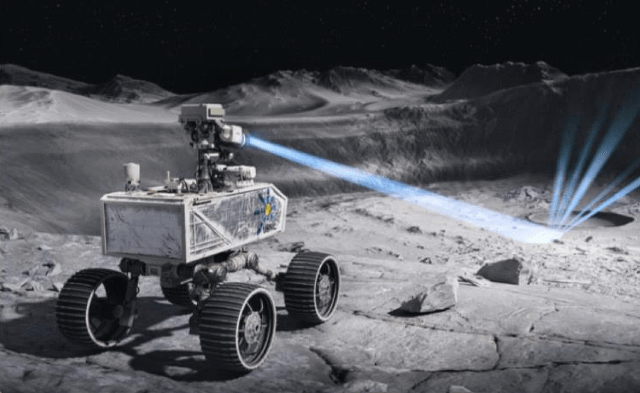 Artist rendition of Rover on lunar surface with the embercore flashlight shining a light on the path ahead of it.
