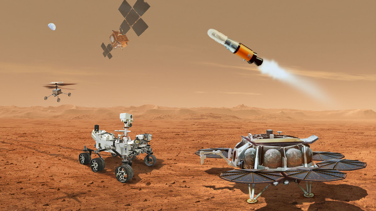 This illustration shows a concept for multiple robots that would team up to ferry to Earth samples of rocks and soil being collected from the Martian surface by NASA's Mars Perseverance rover.