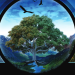 Tree with mountains in the backdrop and birds flying above