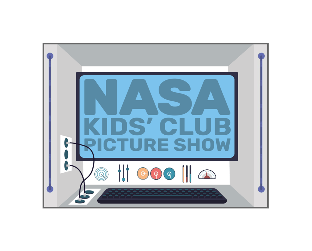 A cartoon console with a screen and keyboard with colorful control buttons with words NASA Kids' Club Picture Show