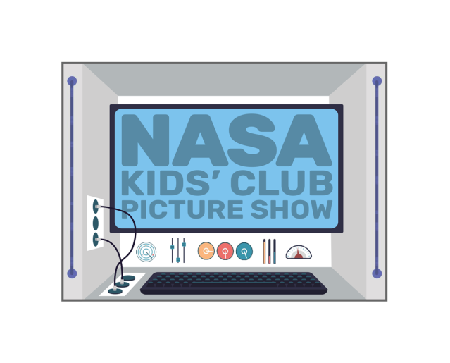 A cartoon console with a screen and keyboard with colorful control buttons with words NASA Kids' Club Picture Show