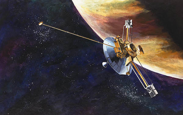 Artist concept of the Pioneer spacecraft passing Jupiter