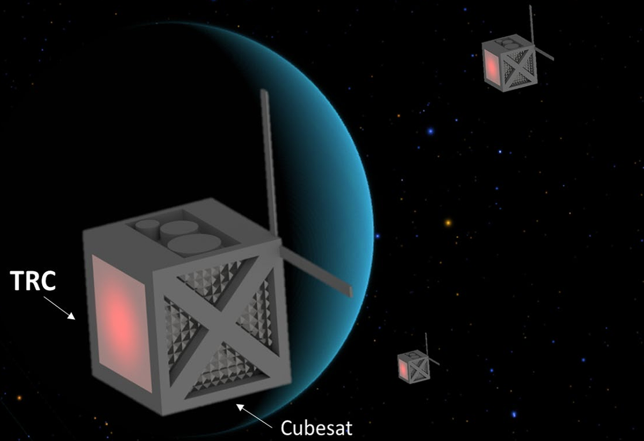 Artist rendition of cubesat with TRC in space above a planetary surface.