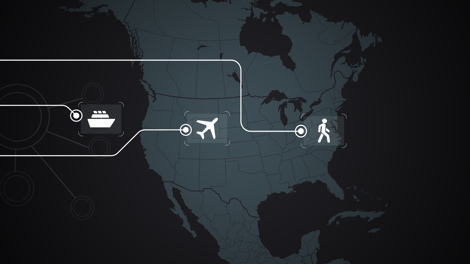 Map of the USA with Plane, Boat, and Hiker in black, grey and white