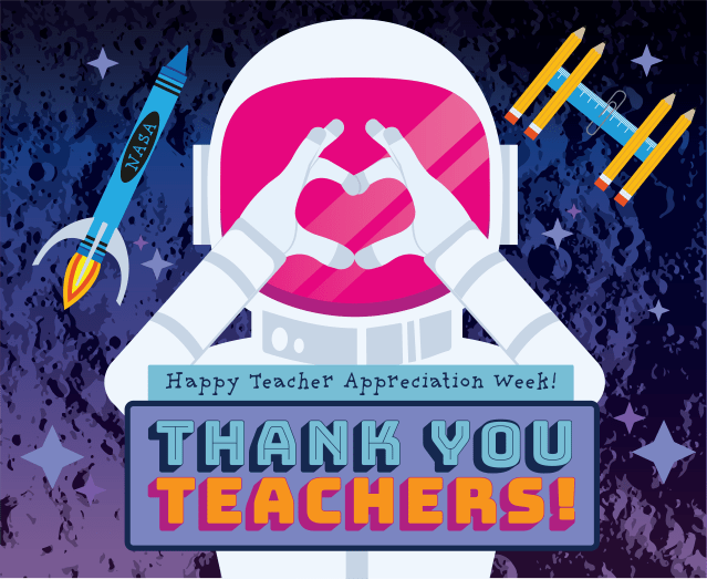 Illustration of an astronaut making a heart with their hands for Teacher Appreciation Week