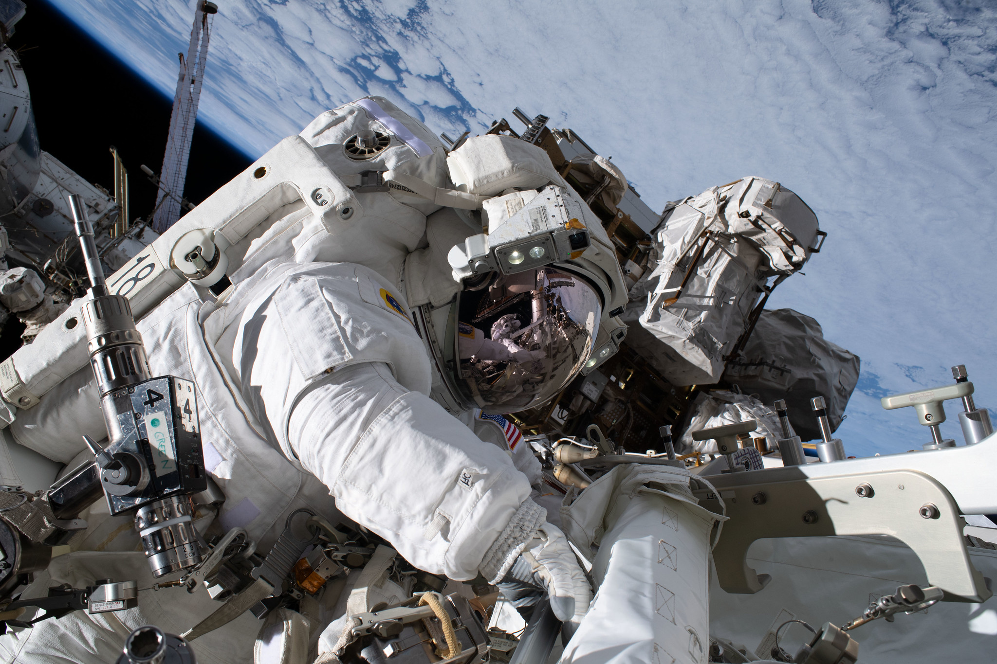 (Jan. 20, 2023) u002du002d- NASA astronaut and Expedition 68 Flight Engineer Nicole Mann is pictured in her Extravehicular Mobility Unit, or spacesuit, during her first spacewalk.