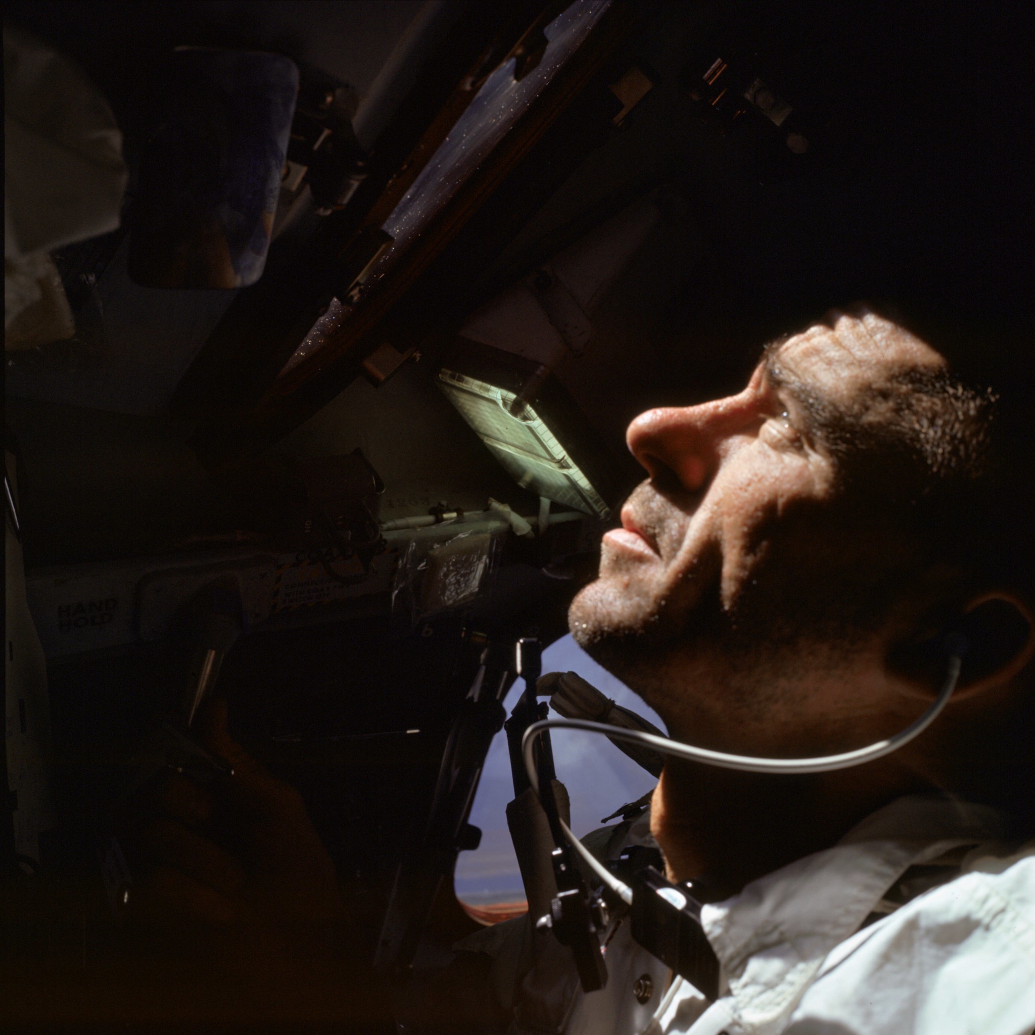 (11-22 Oct. 1968) u002du002d- NASA astronaut Walter Cunningham, Apollo 7 lunar module pilot, is photographed during the Apollo 7 mission.